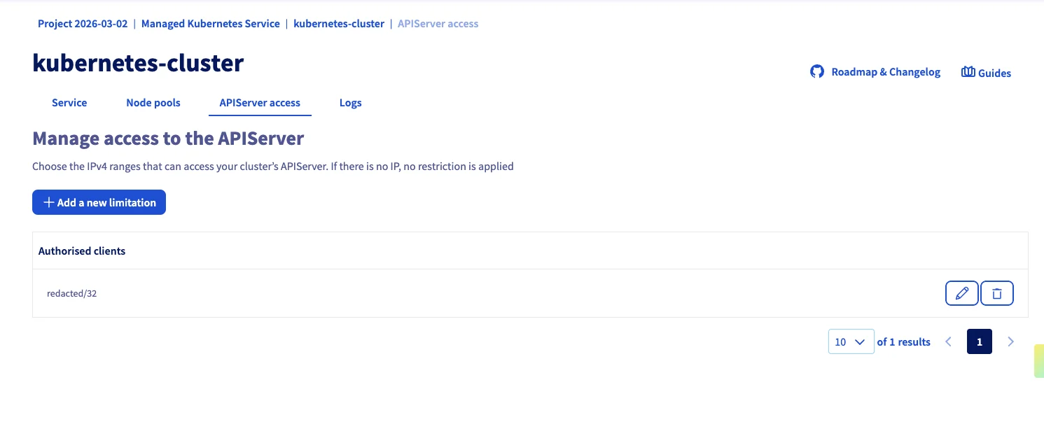 APIServer access page showing IP restriction with authorized client
