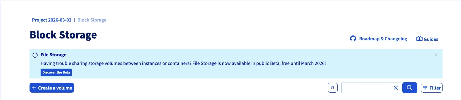 Block Storage page showing File Storage beta banner