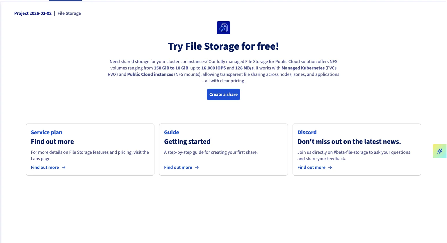 OVH File Storage beta page showing NFS volumes with RWX support