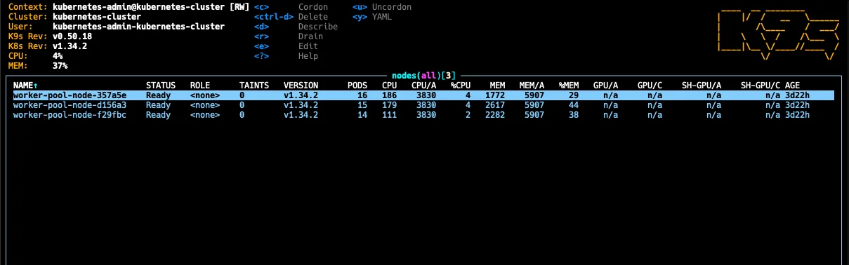 k9s showing 3 healthy worker nodes running Kubernetes 1.34.2
