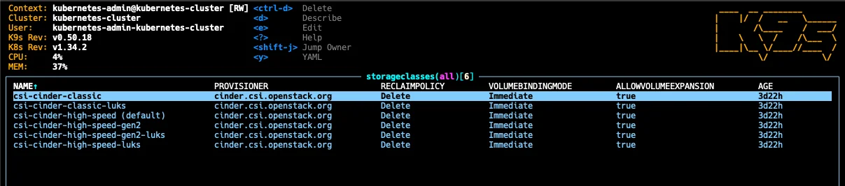 k9s showing 6 storage classes including classic, LUKS encrypted, and high-speed options
