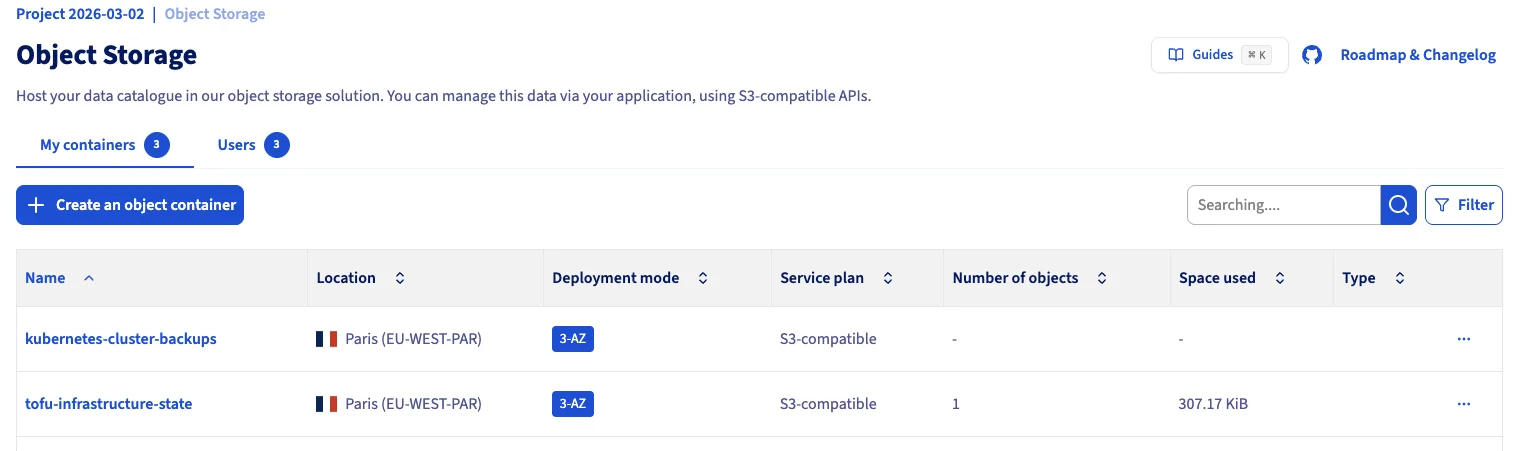 Object Storage showing backup and state buckets in Paris region