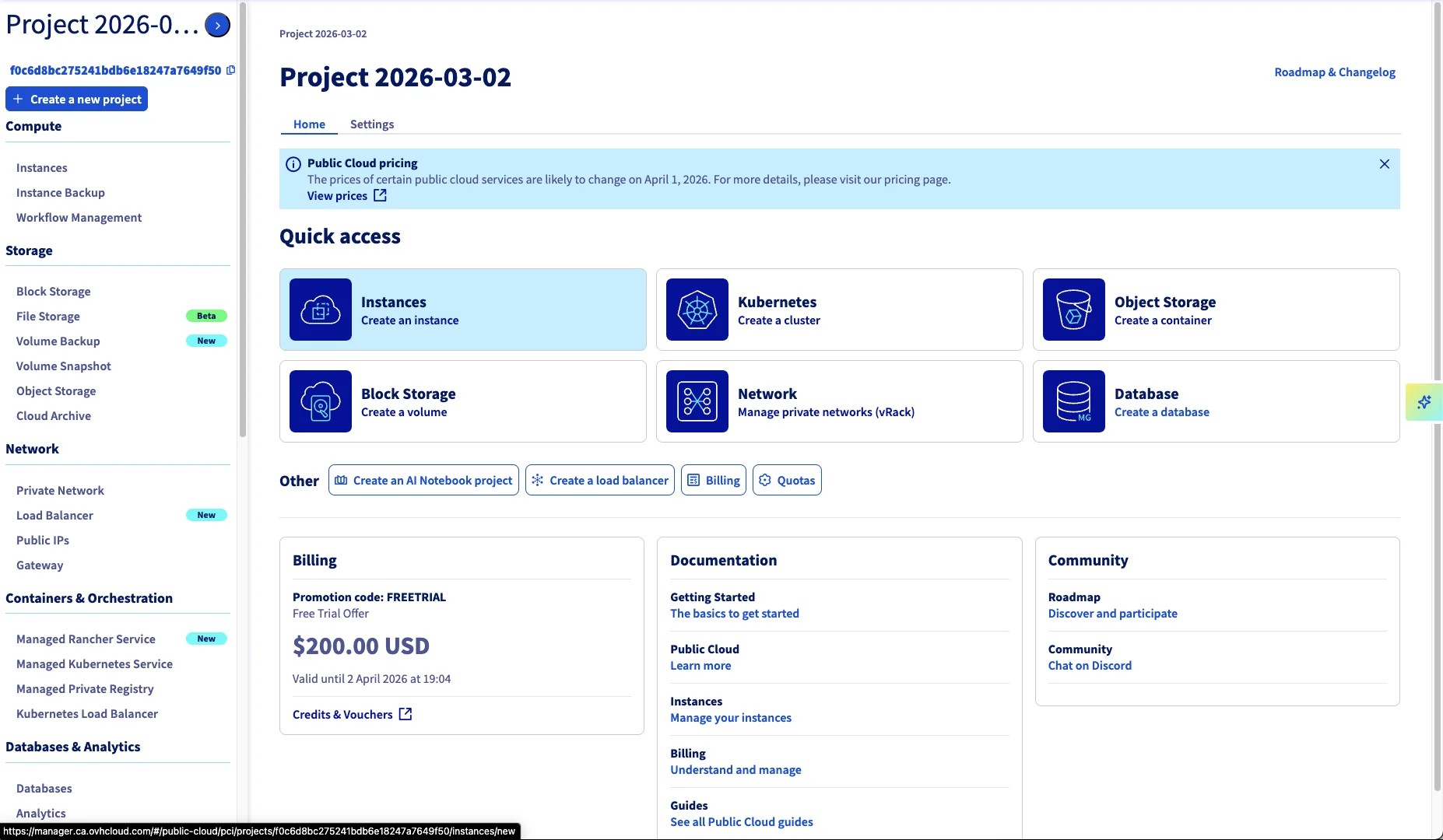 OVH project dashboard showing all provisioned services